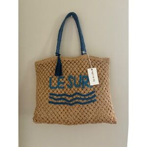 Lu & Elle Le Surf Woven Straw Tote Bag Blue Tan Beach Summer Handbag NWT
